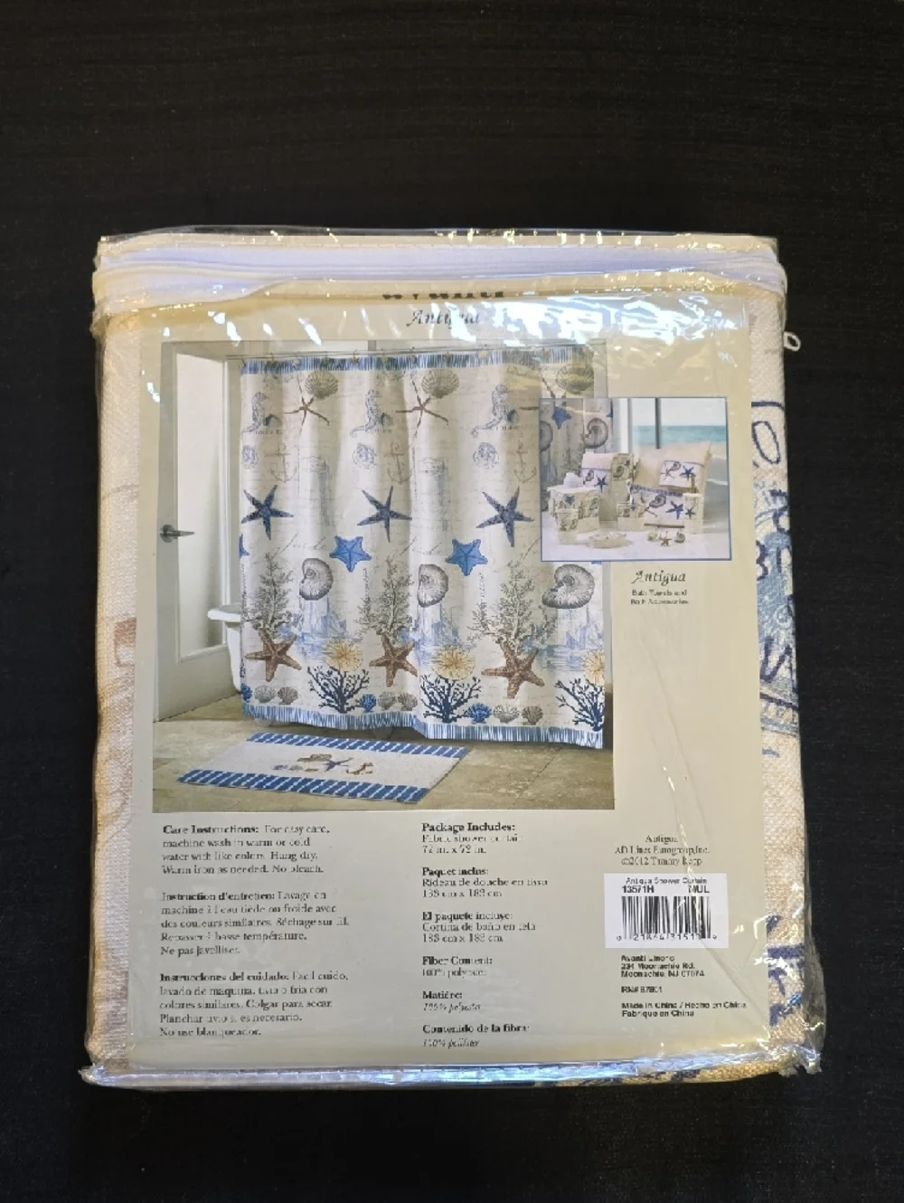 Antigua Nautical Starfish & Seashell Shower Curtain - New! Blue, Cream, Brown